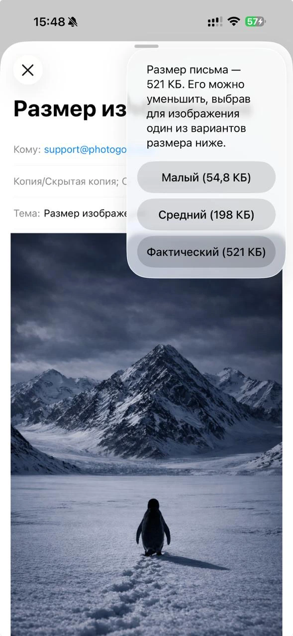 Отправка фотографии из «Почты» на iPhone: выбор размера изображения с указанием веса каждого варианта